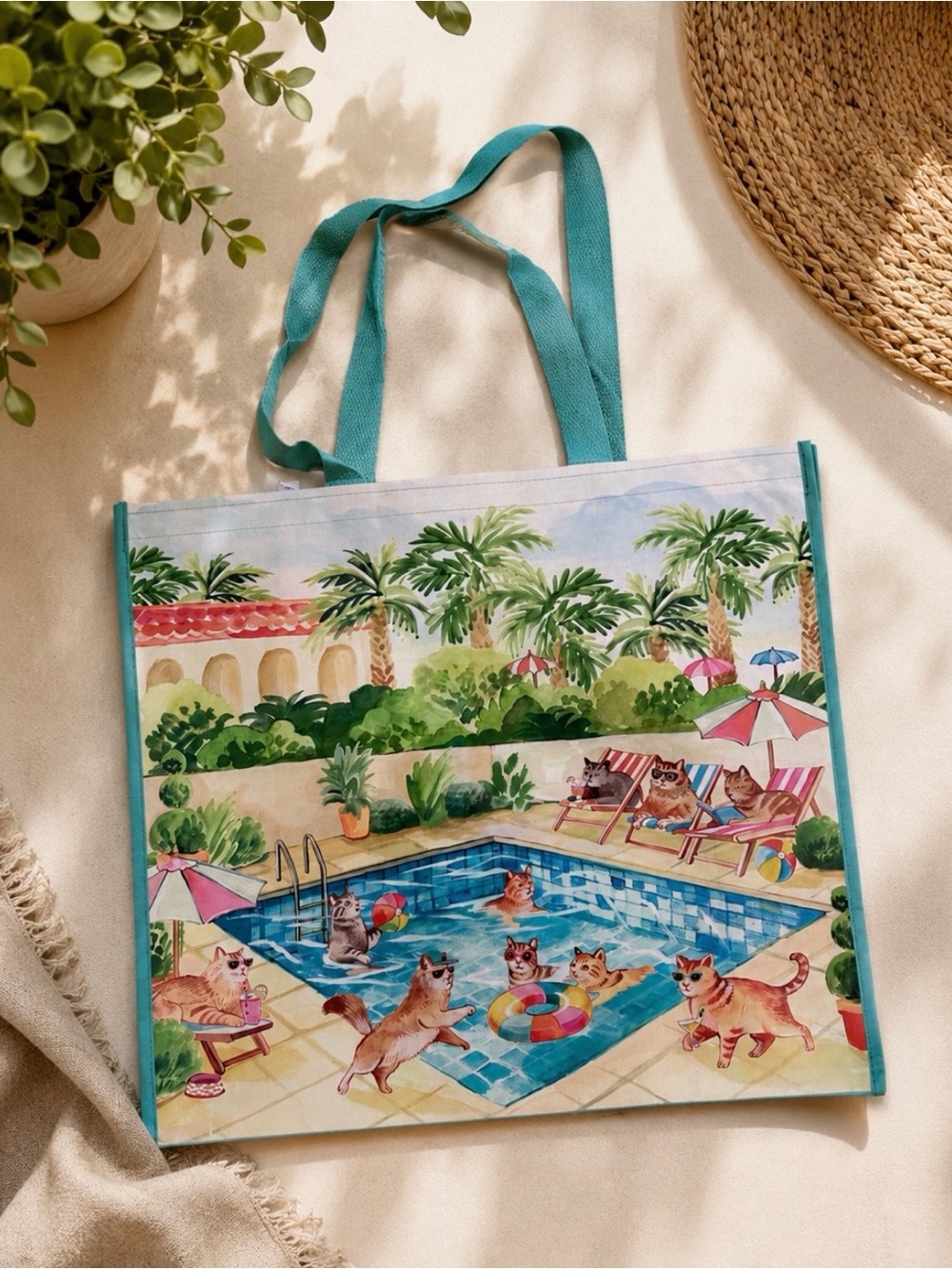 Cat pool vacation reusable tote bag